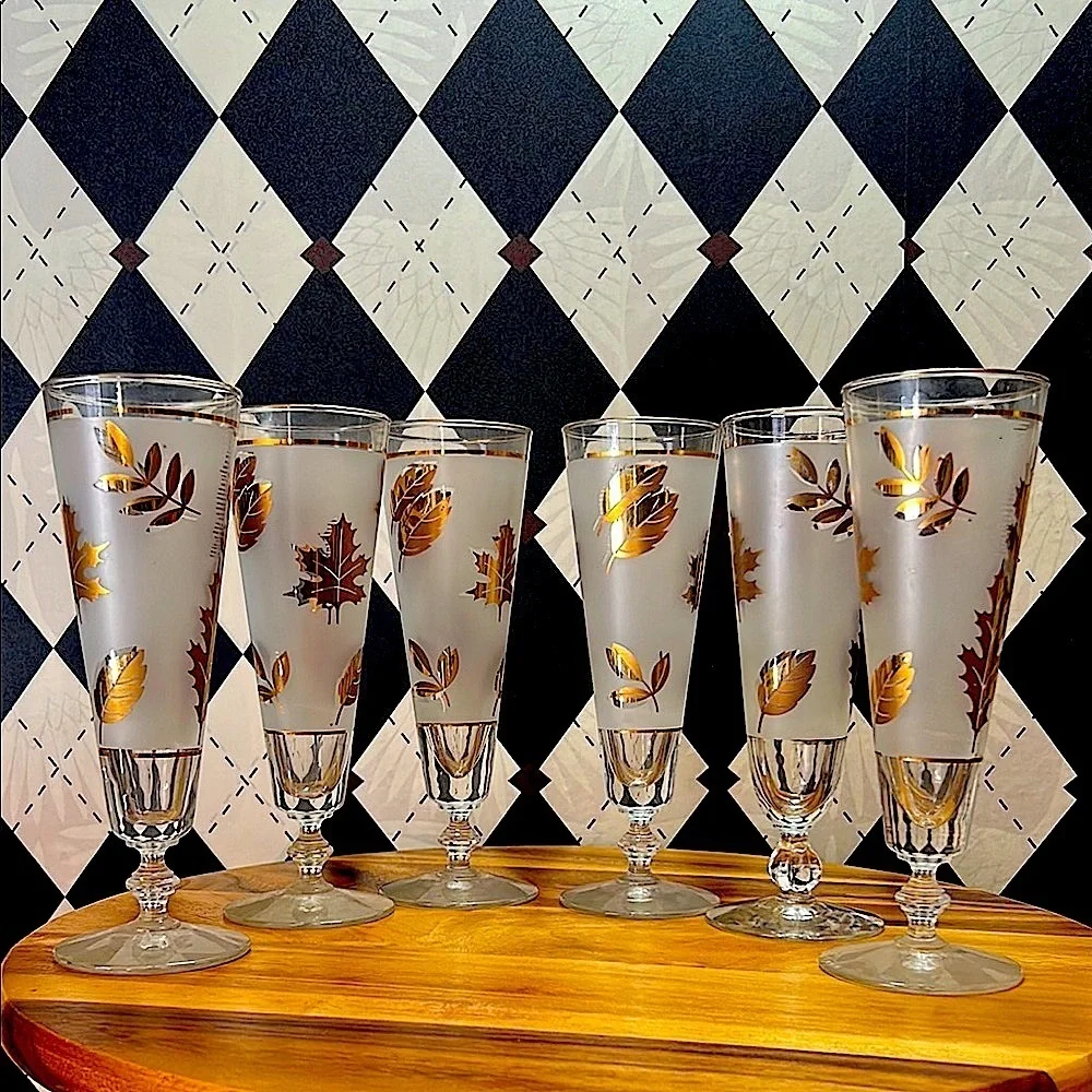 Vintage Libbey 22k Gold Maple Foliage Pilsner Glasses Set of 6| Mid Century Bar - Picture 3 of 17
